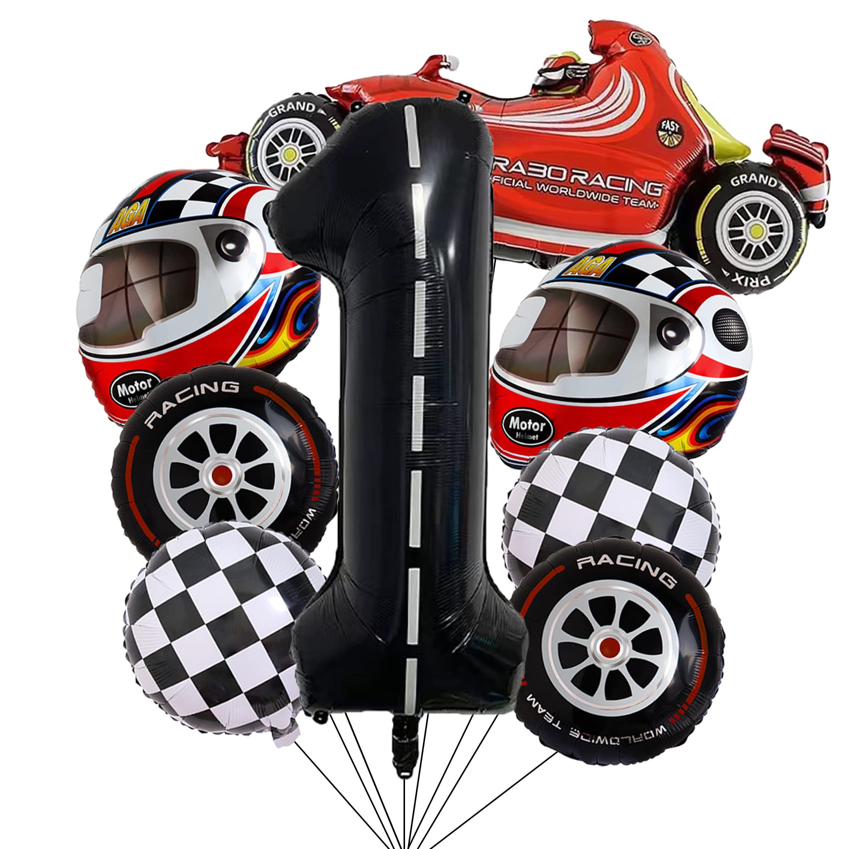 Stcomart 8 PCS Race Car Party Decorations, Black Number 1 Balloon Checkered Balloons Tire Balloons for Boys 1st Birthday