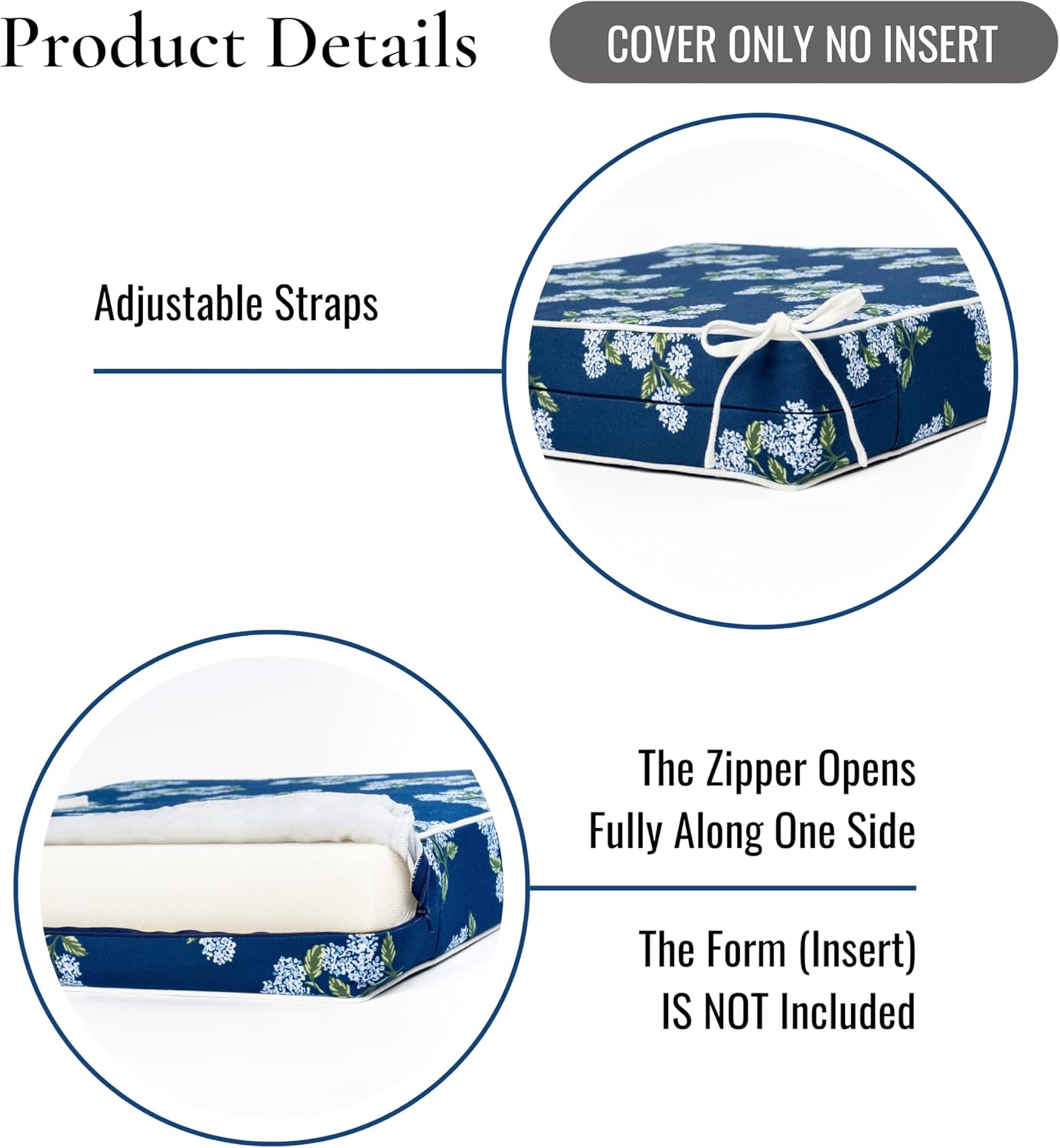 Hofdeco Premium Grandmillennial Patio Indoor Outdoor Seat Cushion Cover Only Set of 2, 20"x20"x4" Water Repellent for Backyard, Couch, Navy Blue Green Print Hydrangea Flowers