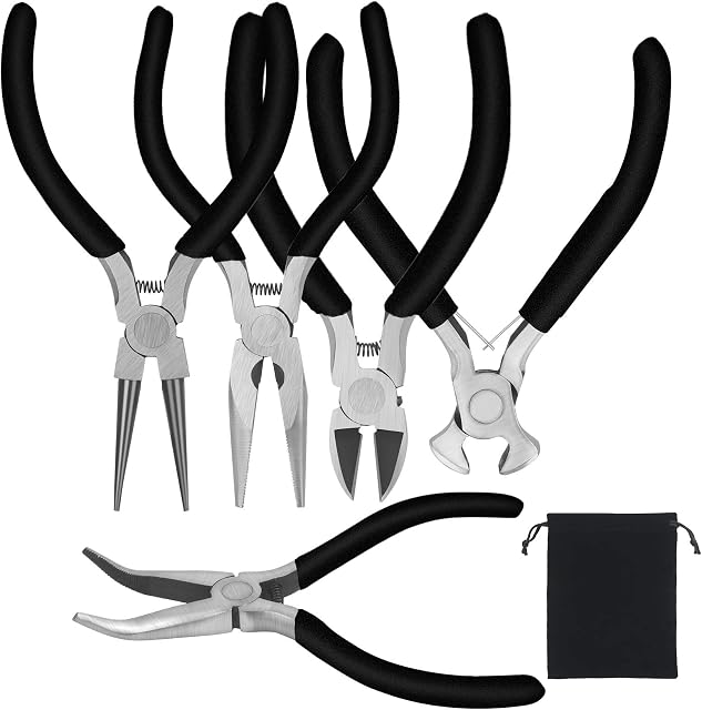CHALA 5pcs Pliers Tool Set,Wire Cutter Jewellery Making Beading Pliers Mini Electronic Precision Plier with Non-Slip Handle Diagonal Curved End Cutting Flat Nose Plier for Crafts (Black)