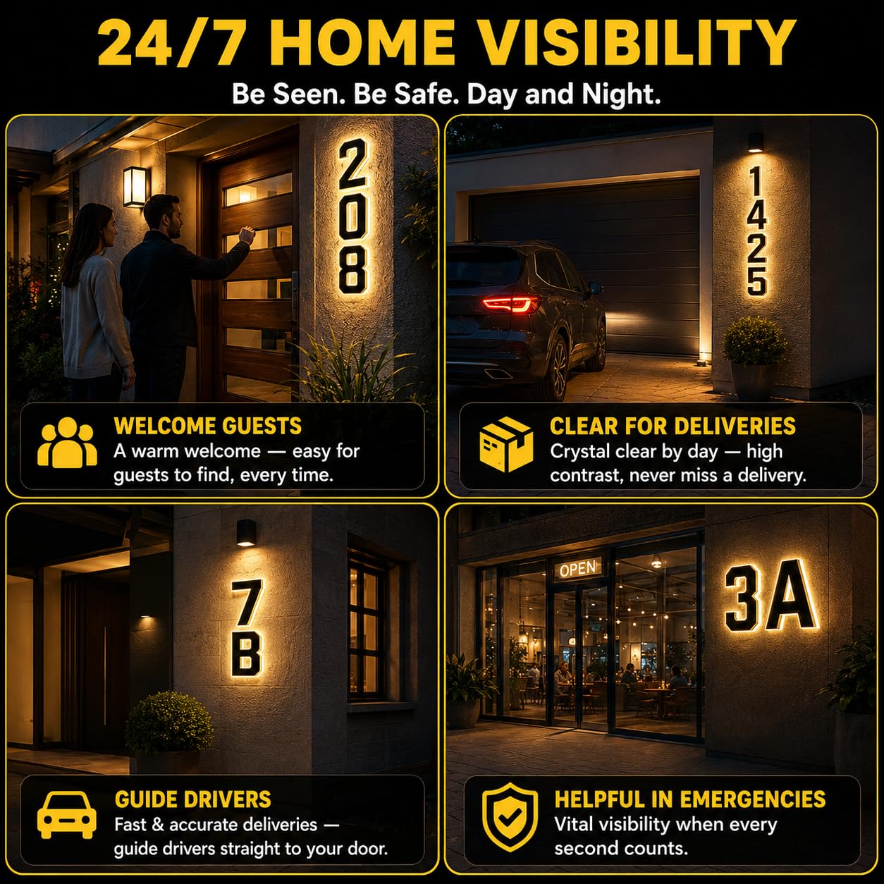 Señal de número de casa solar de 9 pulgadas para exterior, señales de números de dirección LED impermeables grandes, para visibilidad nocturna exterior 7