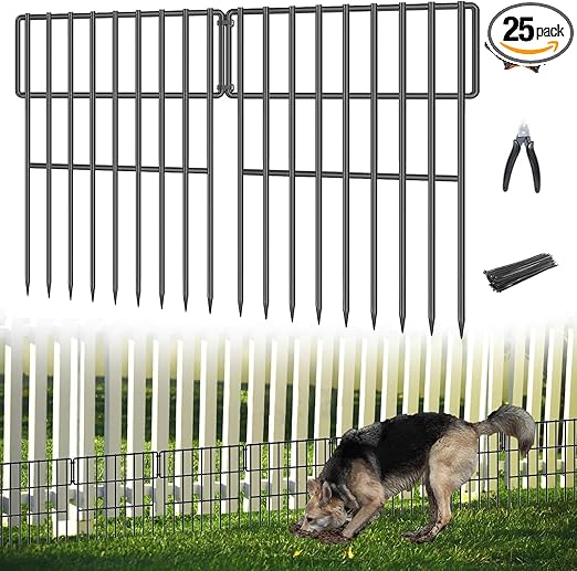25 Panels Garden Fencing Animal Barrier, 17in (H) X 27ft (L) No Dig Dog Fence, 1.25 in Gap Fence Border for Dogs Rabbits, Rustproof Metal Decorative Fences Blocker for Outdoor, Yard, Patio