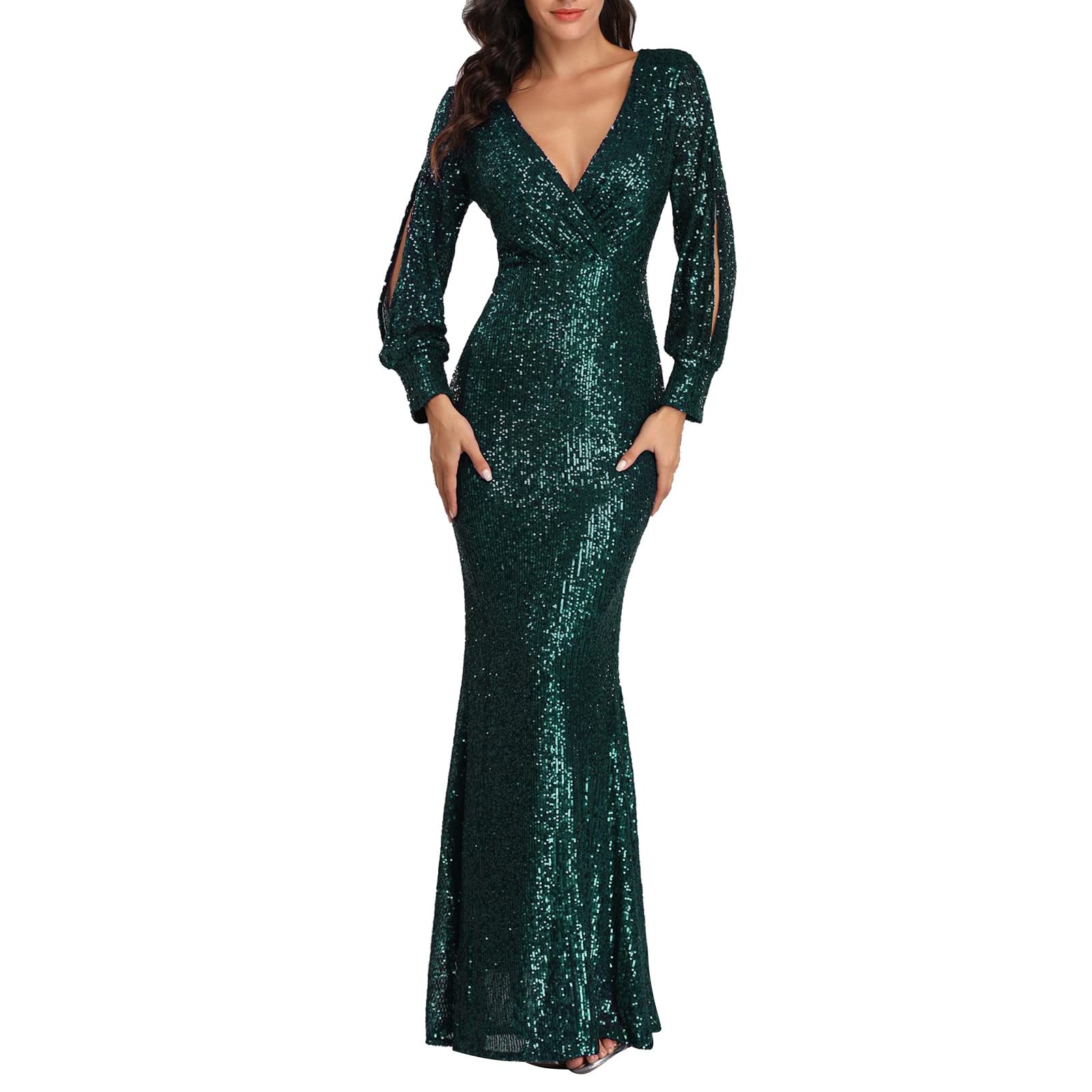Nidddiv Vestido largo para mujer, elegante, manga larga, vestido de noche, cuello en V, lentejuelas, ajustado, vestido de cóctel, vestido de noche, vestido de fiesta, vestido de fiesta