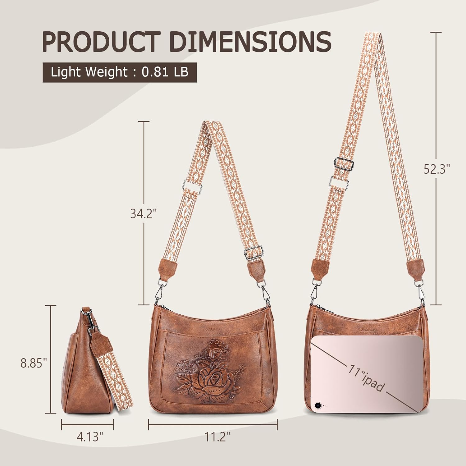 MEITRUE Crossbody Bags for Women,Rose Embossed Vegan Leather Medium Hobo Purse with Strap Travel Shoulder Handbag - Image 3