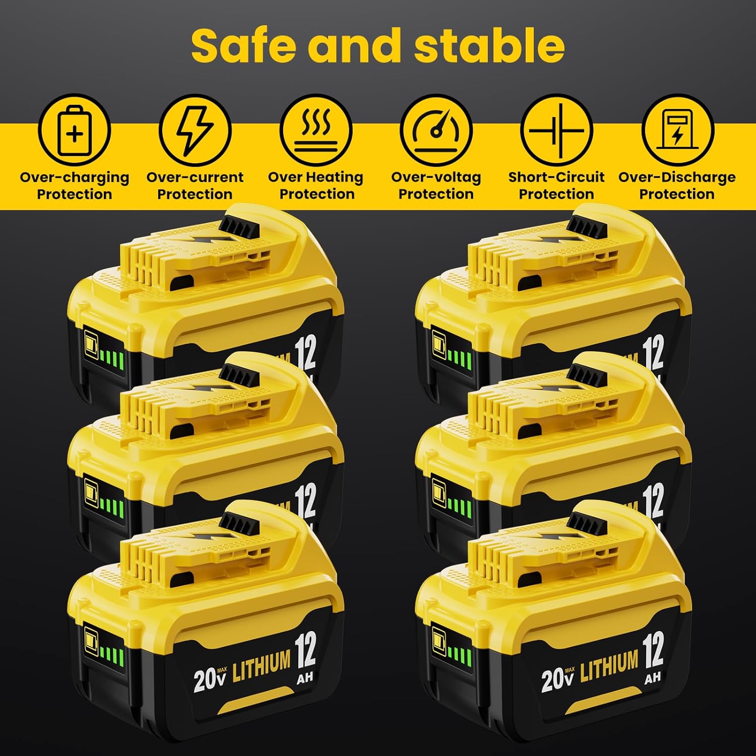 6 Pack 12.0Ah Extended Runtime Lithium Battery Replacement for Dewalt 20V Max Battery Compatible with Dewalt 20 Volt Battery DCB206 DCB207 DCB204 DCB201 DCB200 DCD/DCF/DCG Series Power Tools (Yellow)