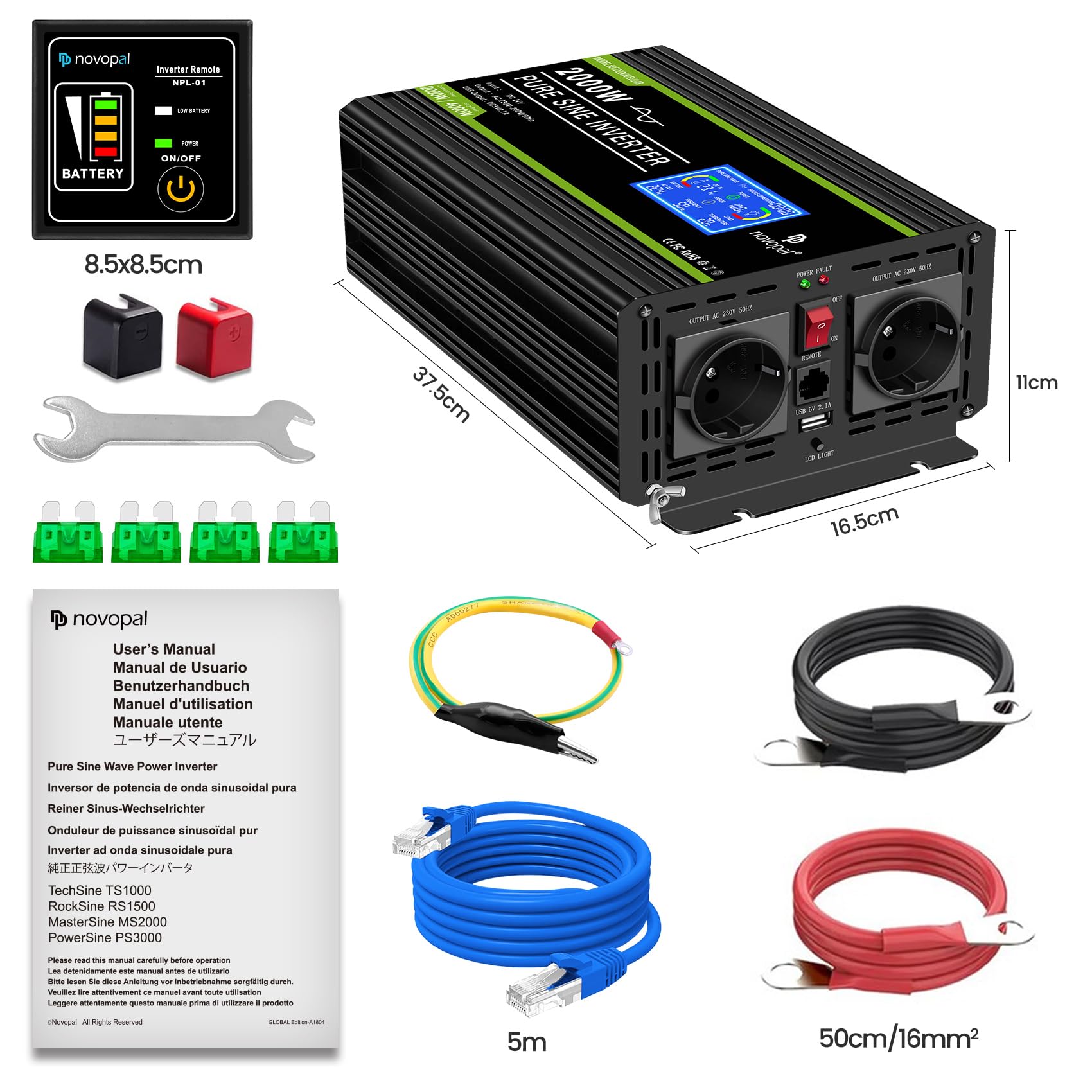 NOVOPAL 2000W Inversor 24V 220V Onda Pura Convertidor | 5M Mando a Distancia& LCD Display,2.4A USB para RV, Viajes, Camping