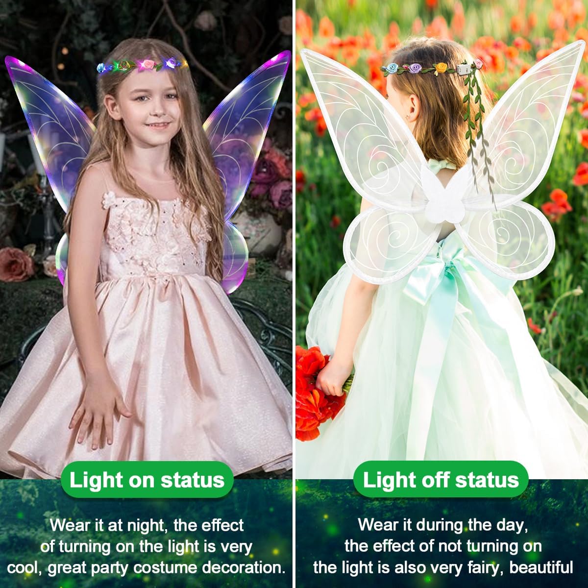 quescu 3pcs Light up Fairy Wings for Adults,LED Butterfly Wings for Girls,Angel Wings Halloween Costume Dress Up for Kids