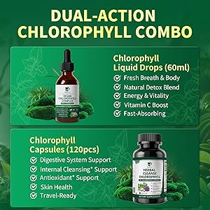 Lukaree Chlorophyll Liquid Drops & Capsules Combo, Dual Action Support for Cleansing, Energy & Oral Freshness, Immune Support, Internal Deodorant, Skin & Gut Health, Vegan, Sugar-Free, 2Oz + 120 Caps