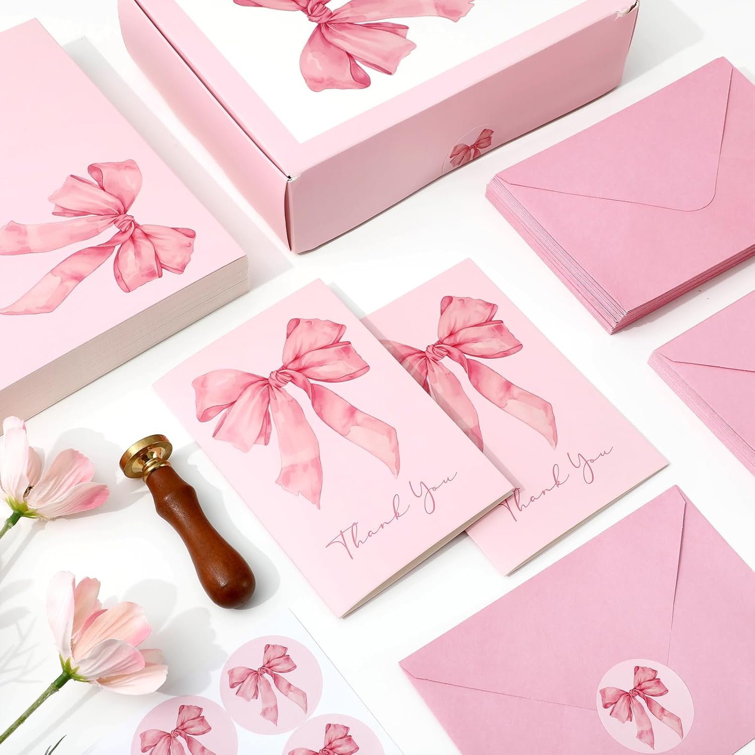 Whaline 100 Pack Pink Bow Thank You Cards Boxed Coquette Bowknot Greeting Card with Envelopes Stickers Blank Note Cards for Wedding Bridal Baby Shower Birthday, 4 x 6 Inch