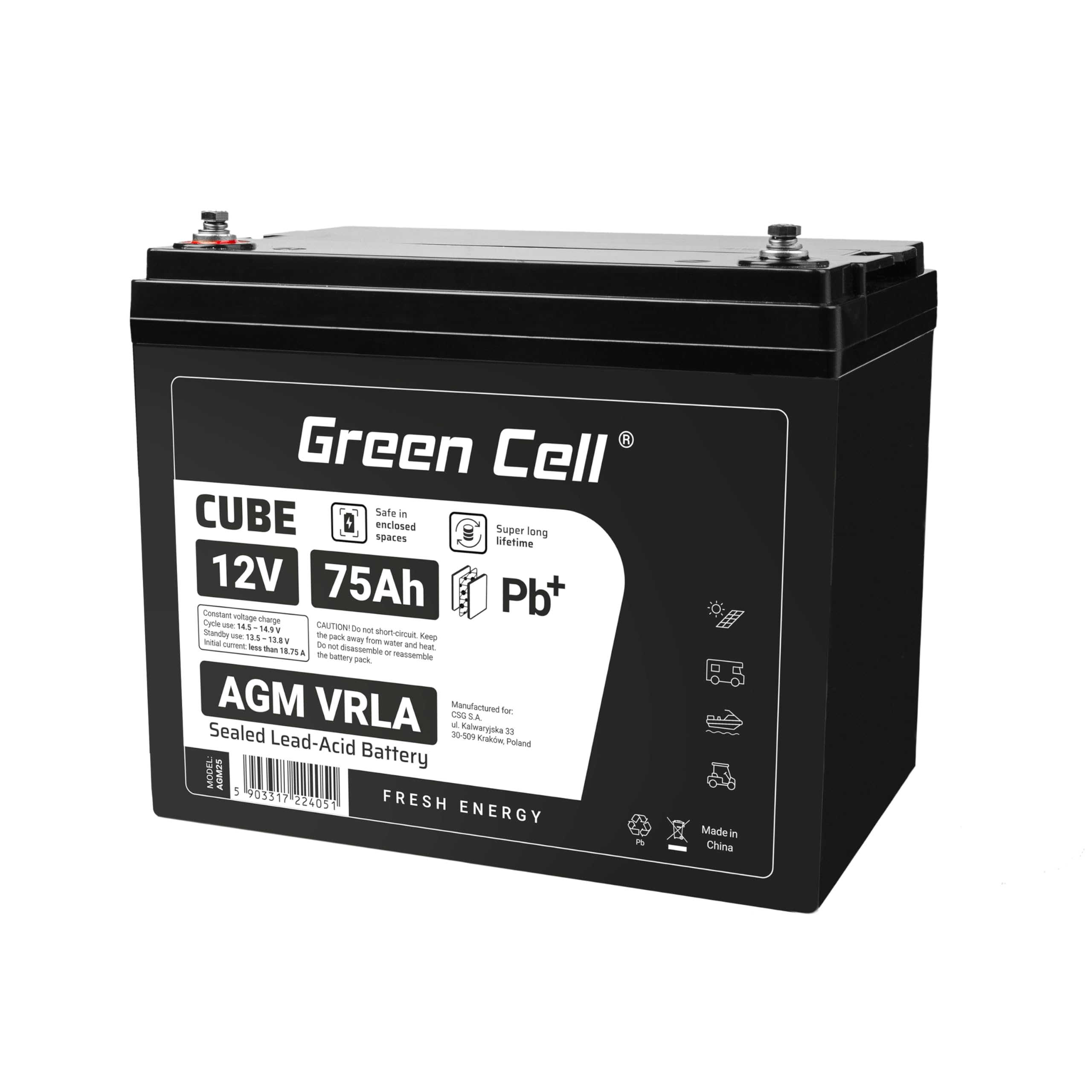 Green Cell Recambio de Batería Gel AGM 12V 75Ah Rechargeable Pila Sellada de Plomo ácido batería sin Mantenimiento Batería de Reemplazo para Autocaravanas Barcos Camper Fotovoltaica