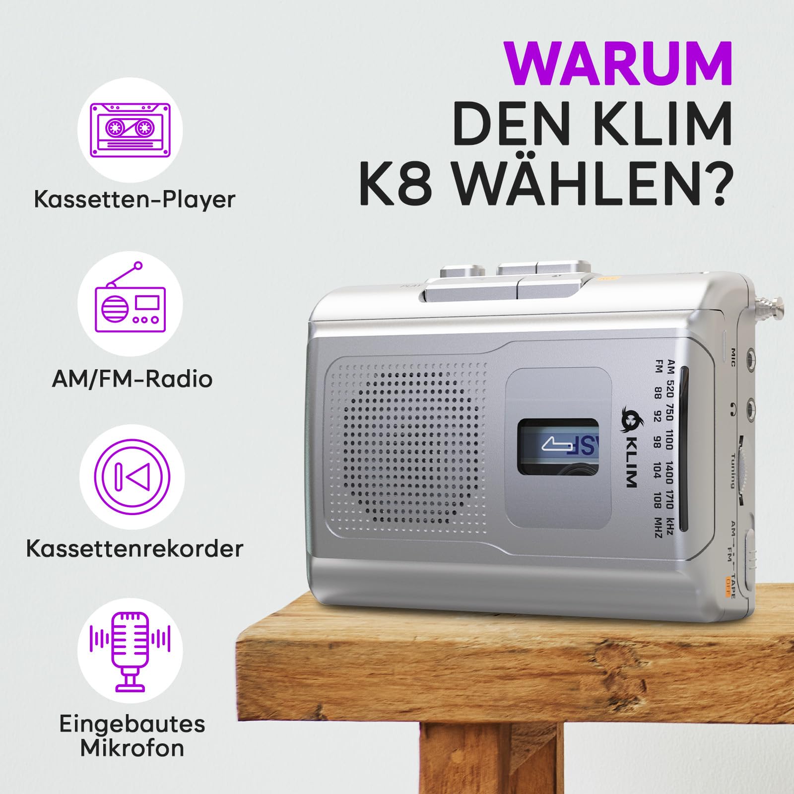 KLIM K8 Kassettenspieler - Kassettenrekorder - NEU Cassette Player - AM/FM Kassettenradio - Eingebautes Mikrofon & Lautsprecher - Kopfhöreranschluss & Ohrhörer - Silber