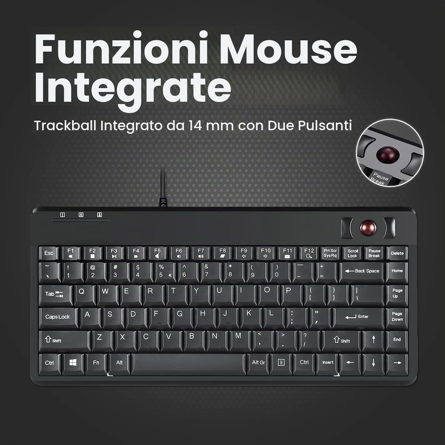 Perixx PERIBOARD-505H PLUS, Tastiera con trackball - USB - con cavo - con 2 porte USB Hub - 315x147x2 - Fit with Professional or Industrial Use - US English Layout