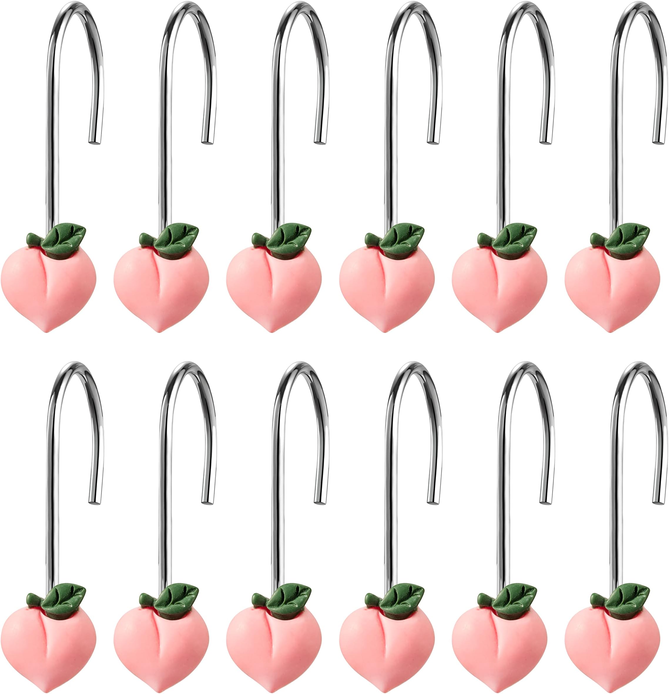 W1cwey 12pcs Peach Shower Curtain Hooks Pink Rustproof Metal Curtain Hangers Glide Shower Rings for Shower Curtain Cute Fruit Theme Resin Stainless Steel Curtain Hook Rings for Kids Bathroom Decor