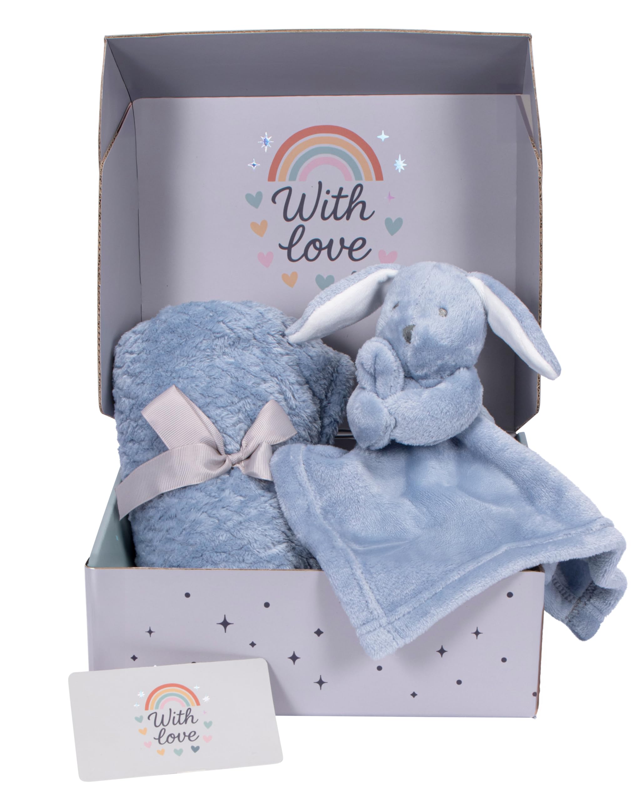 Hoolaroo Newborn Baby Gift Set – Baby Hamper Box with Comforter, Soft Fleece Blanket, & Card – Ready to Gift for Gender Reveals, Dusky Blue
