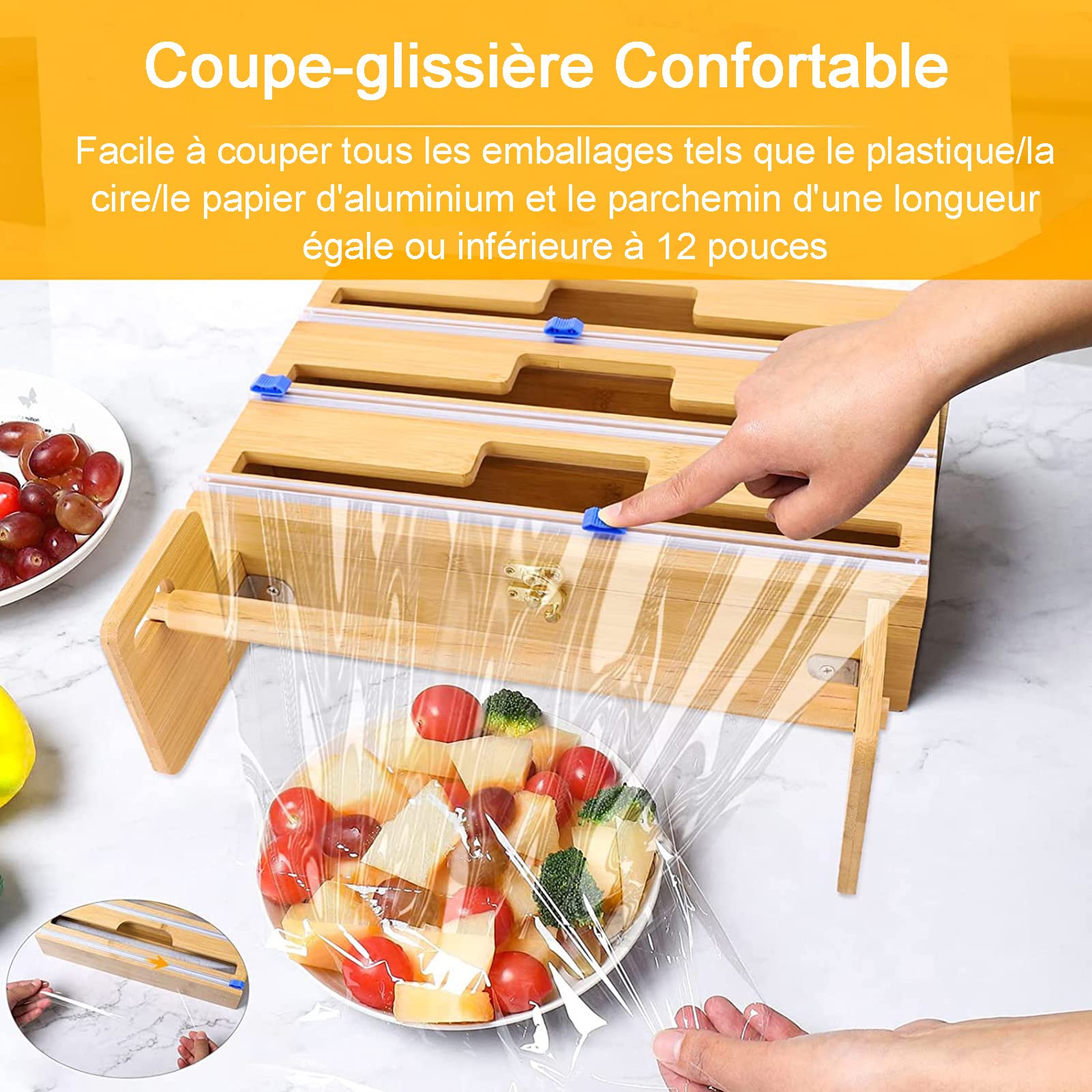 Dispensador de papel de plástico con cortador, organizador 4 en 1 para papel de aluminio, papel y toalla de papel, almacenamiento de bambú para rollos de 12 pulgadas
