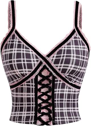 BEAUDRM Women's Lace-Up Backless Crop Top - Sleeveless Spaghetti Strap Cami With Scallop Trim