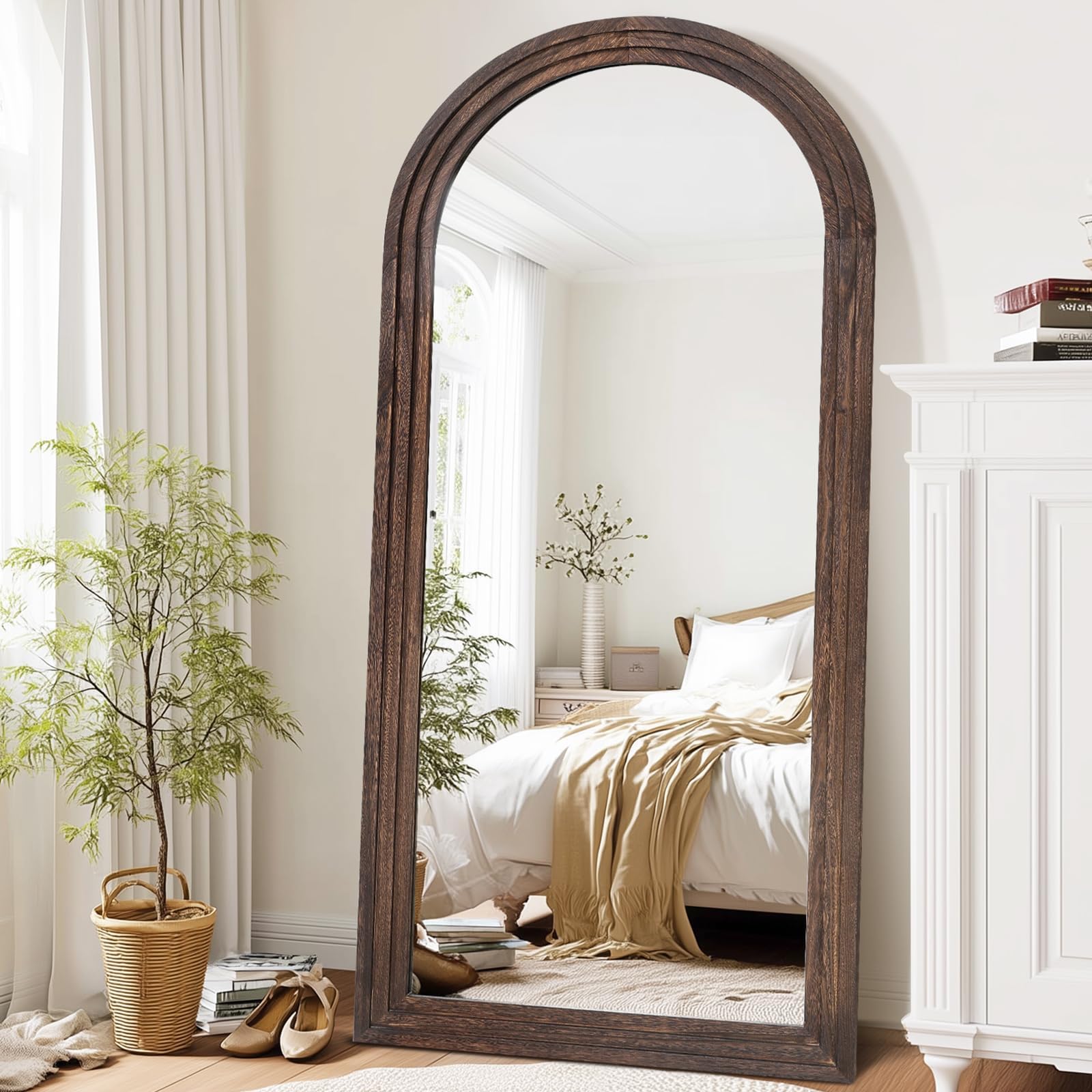 Arched Full Length Mirror 71"x32" - Rustic Brown Solid Wood Wall Mirror, Oversized Leaning or Mounted Design for Bedroom, Entryway, Living Room Décor