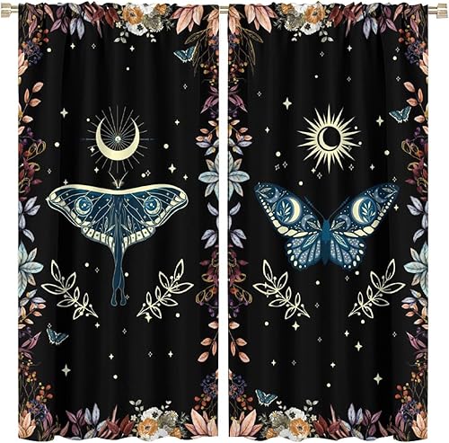 Cortinas de mariposa de polilla de fantasía, sol, luna, estrella, hojas florales retro, con bolsillo para barra, cortinas opacas para ventana para