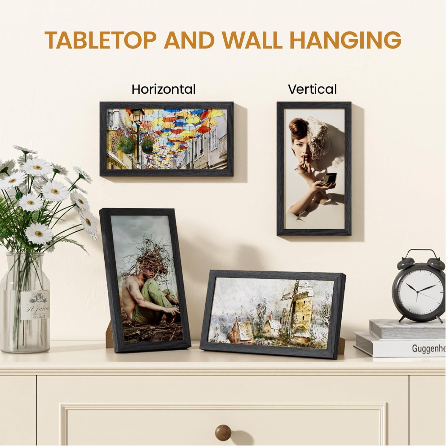 5x10 Picture Frame,Solid Oak Wood 5"x10" Photo Frame, Black Color Tempered Real Glass 5 by 10 Wooden Frames with No Mat,10x5 Picture Frames for Wall or Tabletop Display