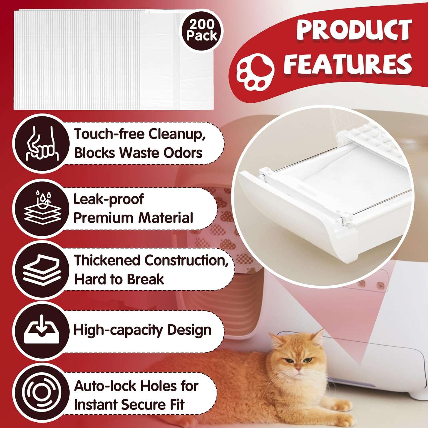 200 Pcs Cat Litter Bags for Pet Snowy Snow+ Cat Litter Box, Self-Sealing Drawer Liner Bags for Pet Snowy, Thickened & Wear-Resistant