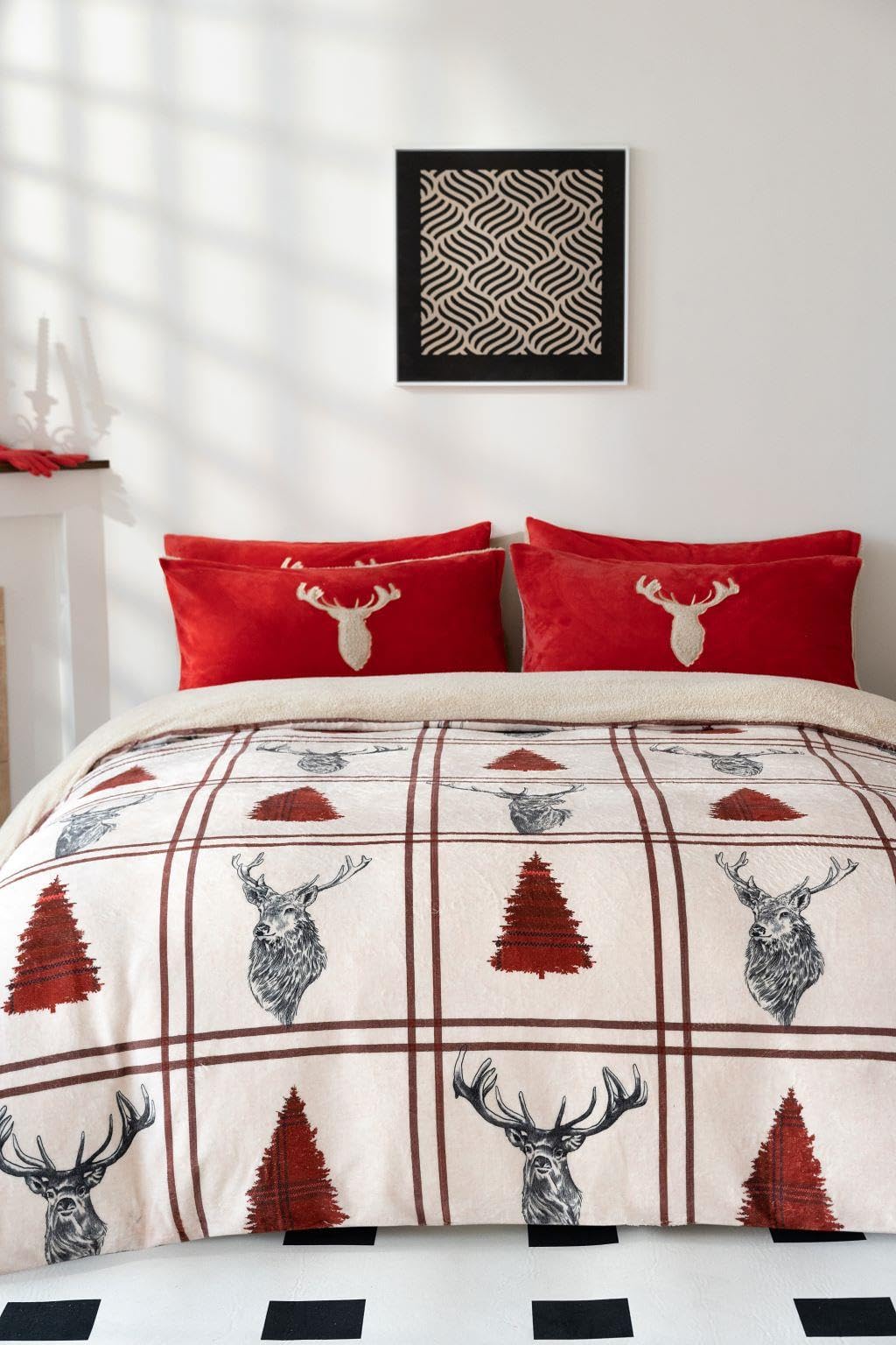 Set copripiumino singolo in pile con cervo e orsacchiotto, colore rosso, per l'inverno