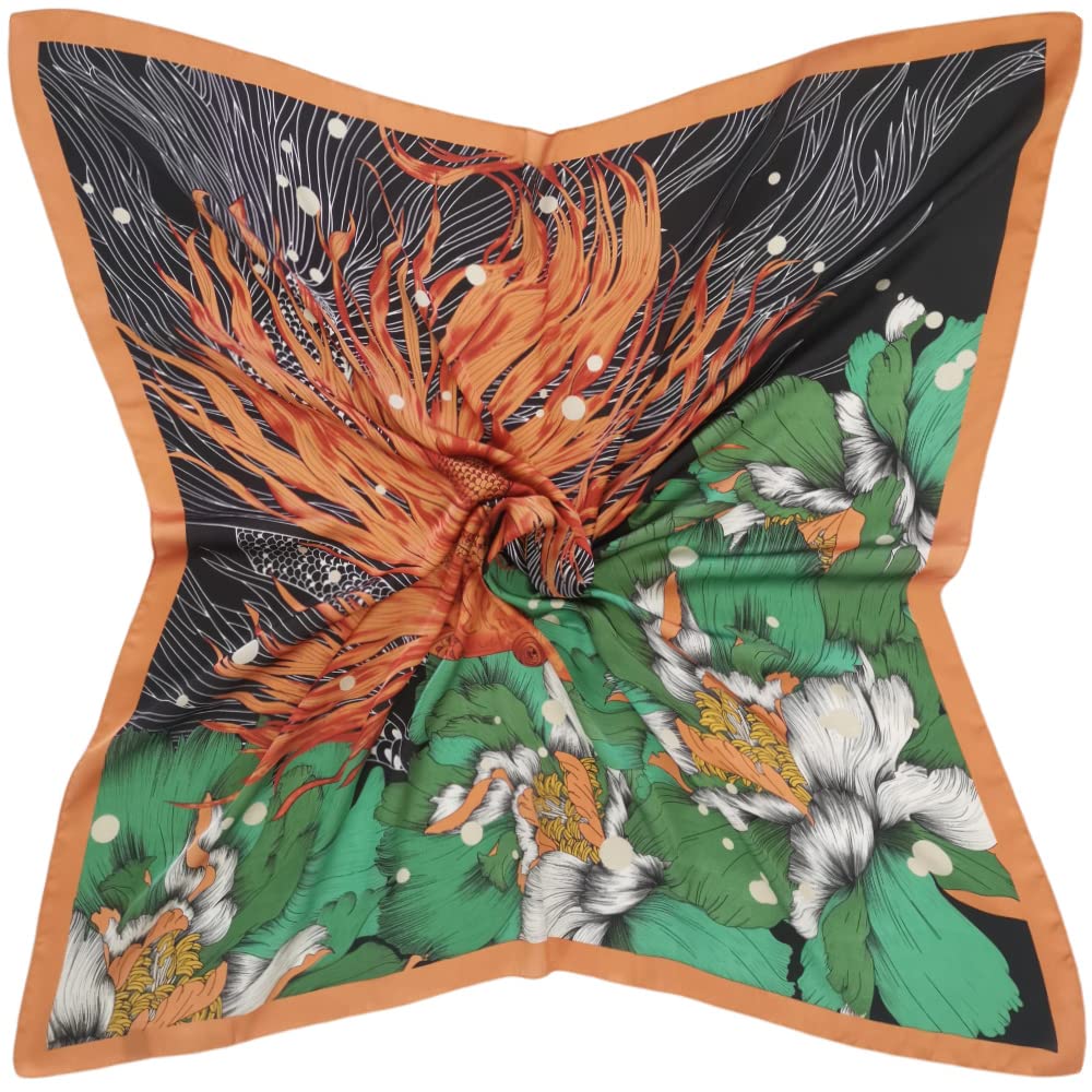 Julunar Unisex A008-1 Goldfish Orange Silk Like Head Scarf For Women - Satin Large Hair Scarves - 35" Square Silk Hair Wrap For Sleeping With Gift Packed, Large