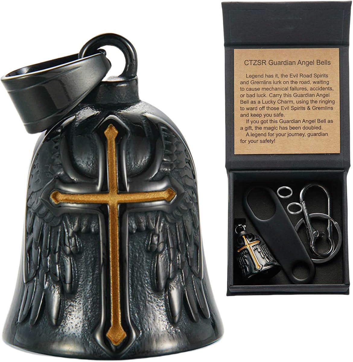 Amuleto del ángel de la guarda de la campana de la motocicleta: campanas Gremlin de buena suerte resistentes a la intemperie con caja de regalo, tarjeta de leyenda, llavero