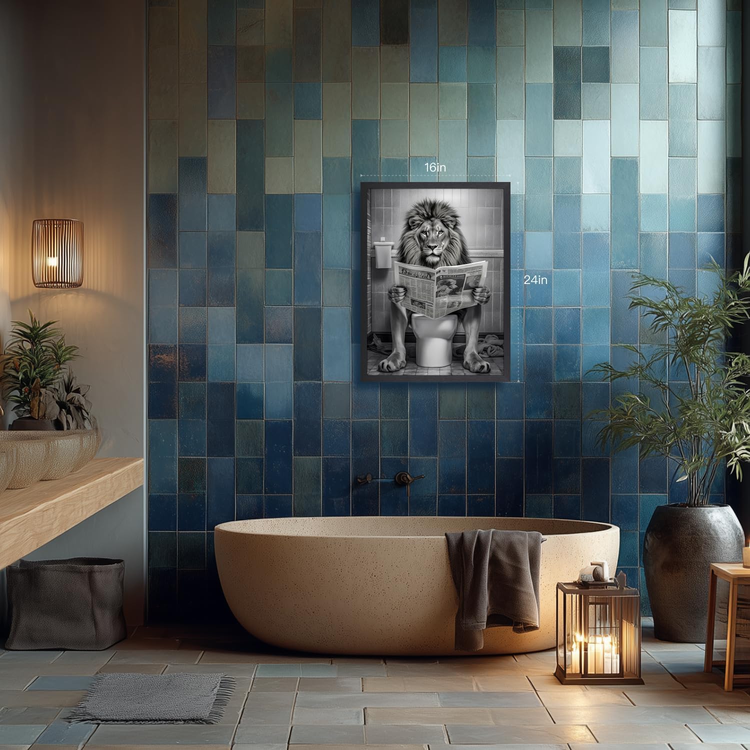 kilamino Wood Framed Funny Bathroom Wall Art, Majesty Lion Reading Newspaper on Toilet Wall Decor, Black and White Animal Art Print, Funny Animal Canvas Painting for Bathroom Restroom Farmhouse 12"x16"