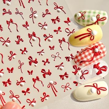 5D Embossed Bow Nail Stickers with Pearls Red Bow Nail Stickers Self-Adhesive Pearl Bow Nail Stickers Nail Design Stickers Nail Sheets Nail Stickers Red Bow Pearl Bowknot Nail Art Stickers