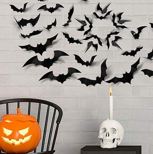 Miniatura 5 de Emopeak Murciélagos para decoración de pared, 120 unidades, calcomanías de decoración de murciélagos 3D de Halloween, impermeables, murciélagos