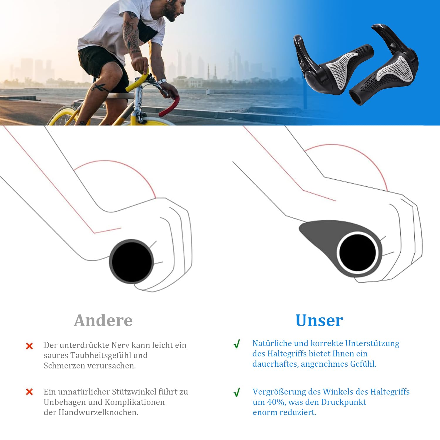rietegio Stuurgrepen en fietsbel, twee zijden, lock-on design, ergonomisch, antislip, bullhorn-stuur voor 22 mm fietsen, mountainbikes, e-bikes, e-scooters, racefietsen en motorfietsen (zwart