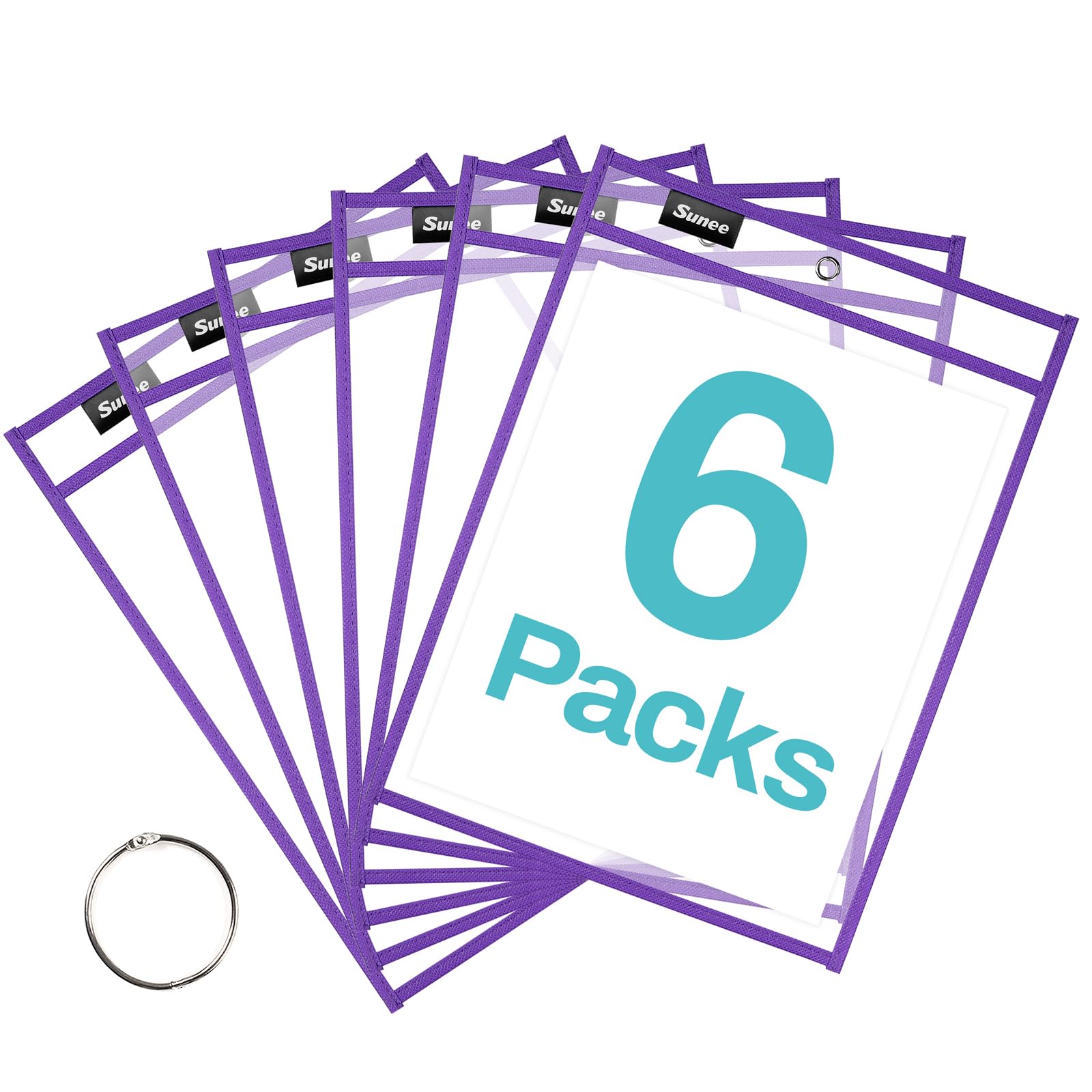 SUNEE 6 Packs Oversized Reusable Dry Erase Pocket Sleeves with Ring, Purple 10x14 Ticket Holders, Clear Plastic Sheet Protectors, Teacher School Classroom Supplies
