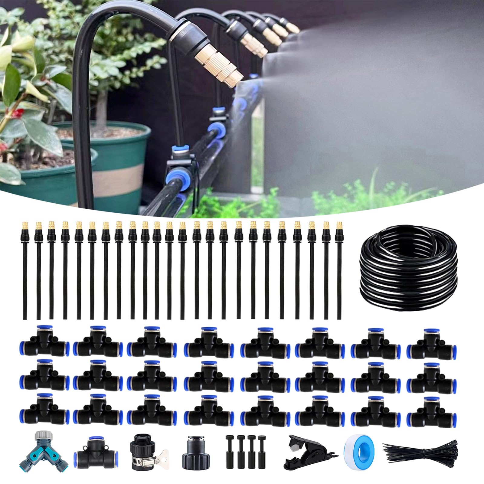 Photo 1 of 100FT Drip Irrigation Kit, Automatic Garden Watering System with Tool-Free Quick Connectors, 360° Bending Drippers & Copper Misting Nozzles for Greenhouse, Patio, Lawn & Vegetable Garden. (30M)