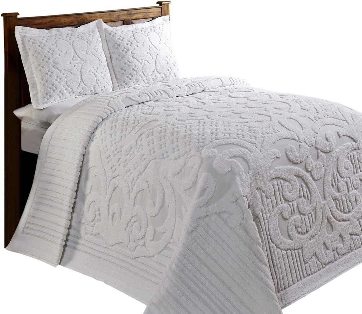 Elegant Intricated Texture Medallion Pattern100% Cotton 1 Piece Tufted Chenille Bedspread Twin Size | All Season White Ivory Cream Western Bedding Aesthetic Look Luxury Coverlet Soft Cozy Plush Feel
