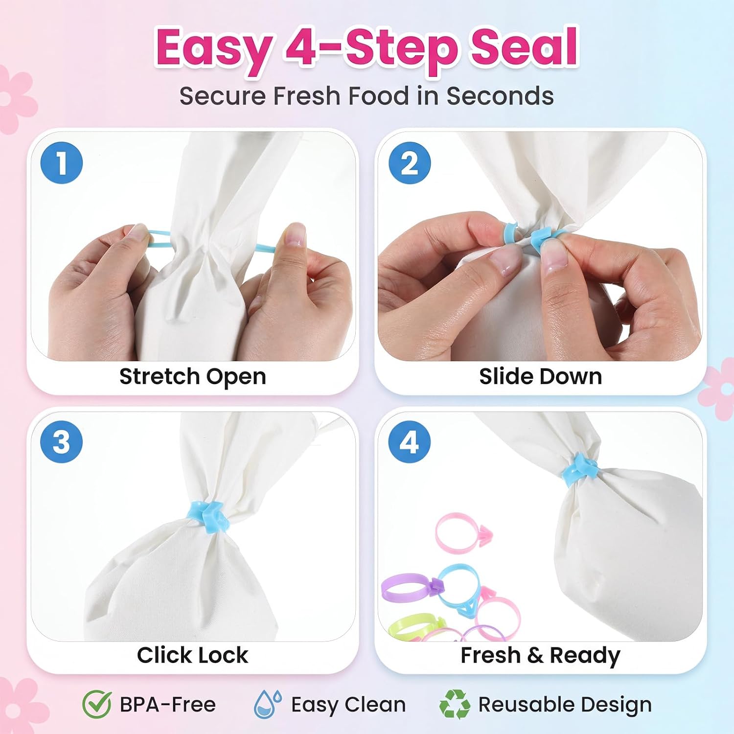 4 Color Reusable Silicone Pastry Bag Ties, 40 PCS Piping Bag Ties, Decoration Icing Bags Tie, Cake and Pastry Supplies Bags Holder Clips for Cupcakes Cookies Pastrys Seal (Purple, Pink, Green, Blue)