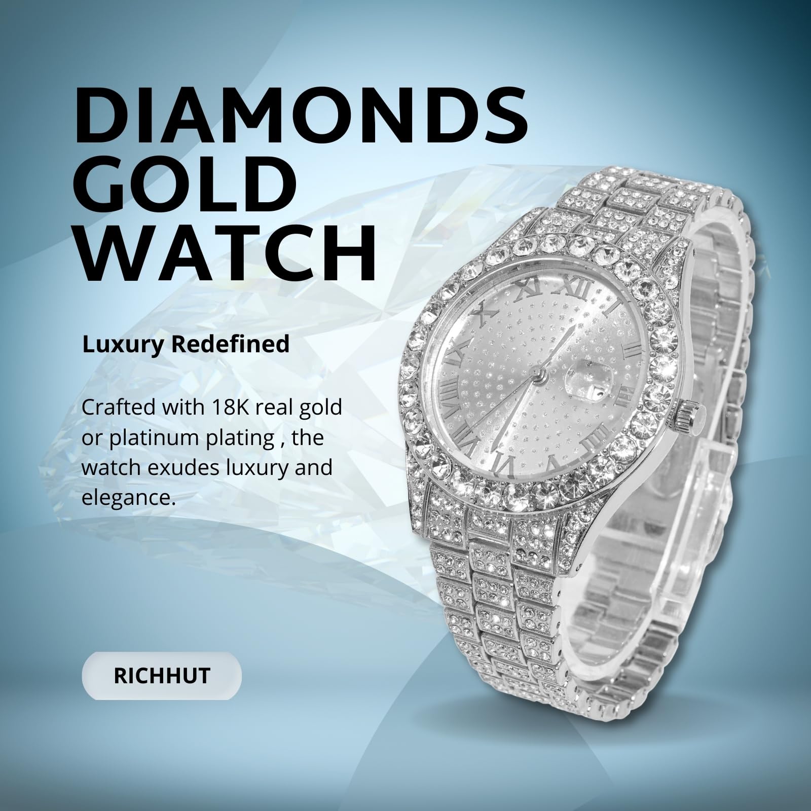 Reloj con Diamantes para Hombre Iced out Esfera Redondo Correa de 18MM Bañado en Oro Real de 18K/Oro Blanco Platino, con Cadena Cubana Opcional, Regalo para Novio Esposo