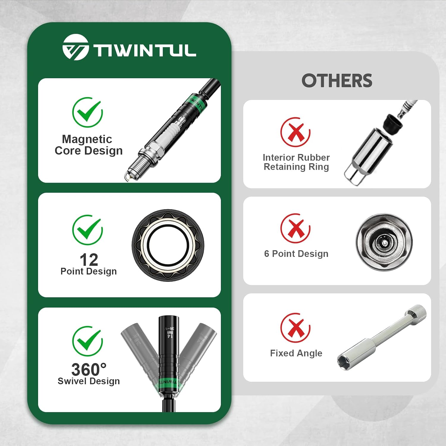 14mm Swivel Magnetic Spark Plug Socket, 3/8" Drive x 13" Total Length Spark Plug Removal Tool with CR-V Steel, 12-Point, Enhanced Magnetic Design, 360 Degree Swivel Thin Wall Socket
