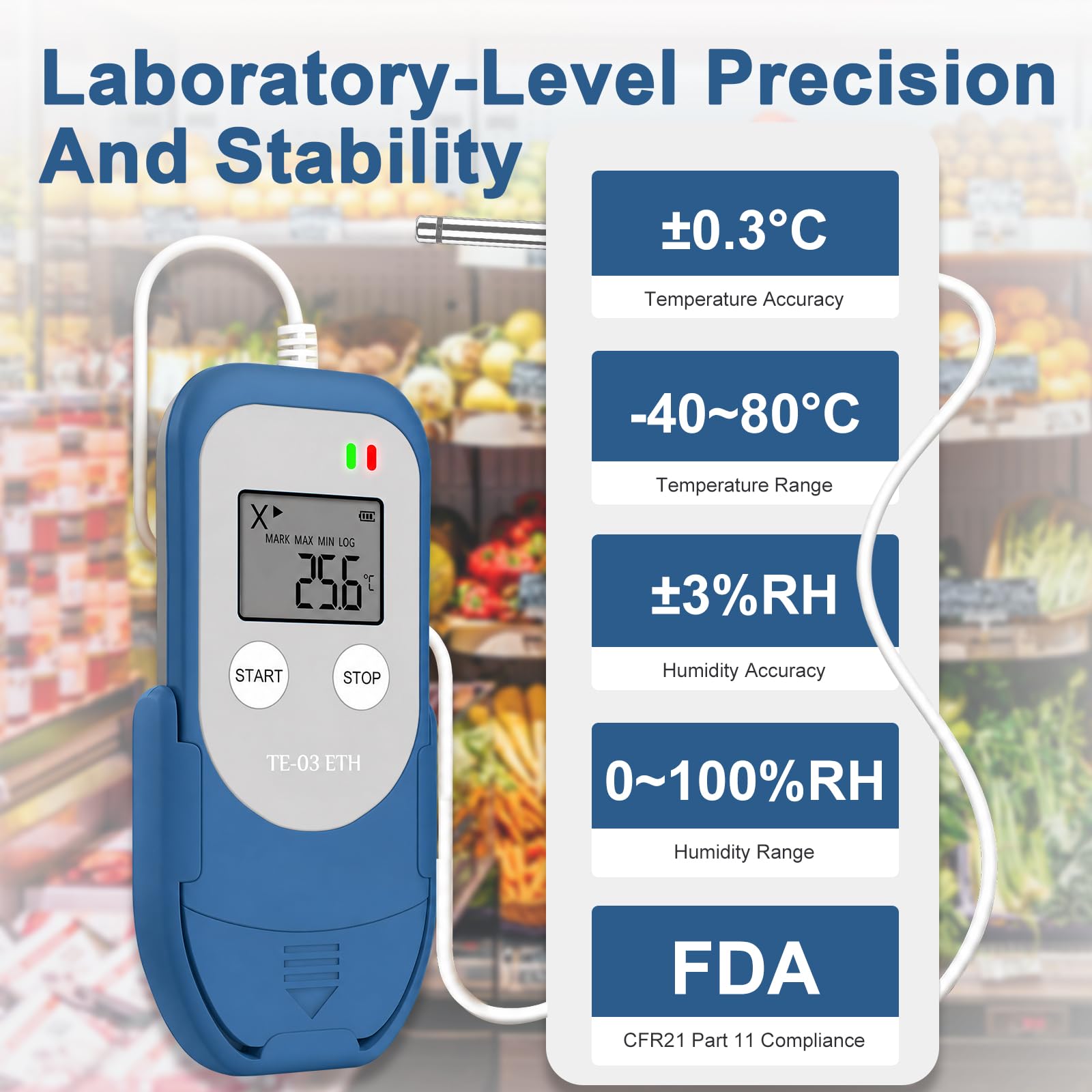 ThermElc TE‑03 ETH Registratore Di Temperatura e Umidità Con Sonda Esterna, 32.000 Punti, PDF CSV