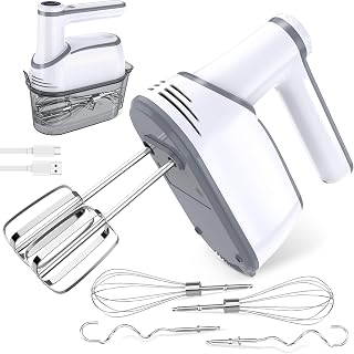 binRoc Cordless Hand Mixer: 12-Speed Rechargeable Electric Mixer with 6 Stainless Steel Attachments & Storage Case (White)