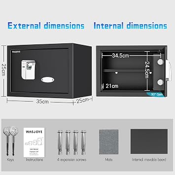 25L Fingerprint Security Cabinet Safe Box WASJOYE Electronic Personal Home Safe with Biometric Safety Fingerprint Key Lock for Office Hotel Jewelry Gun Safe Storage (25x35x25 cm)