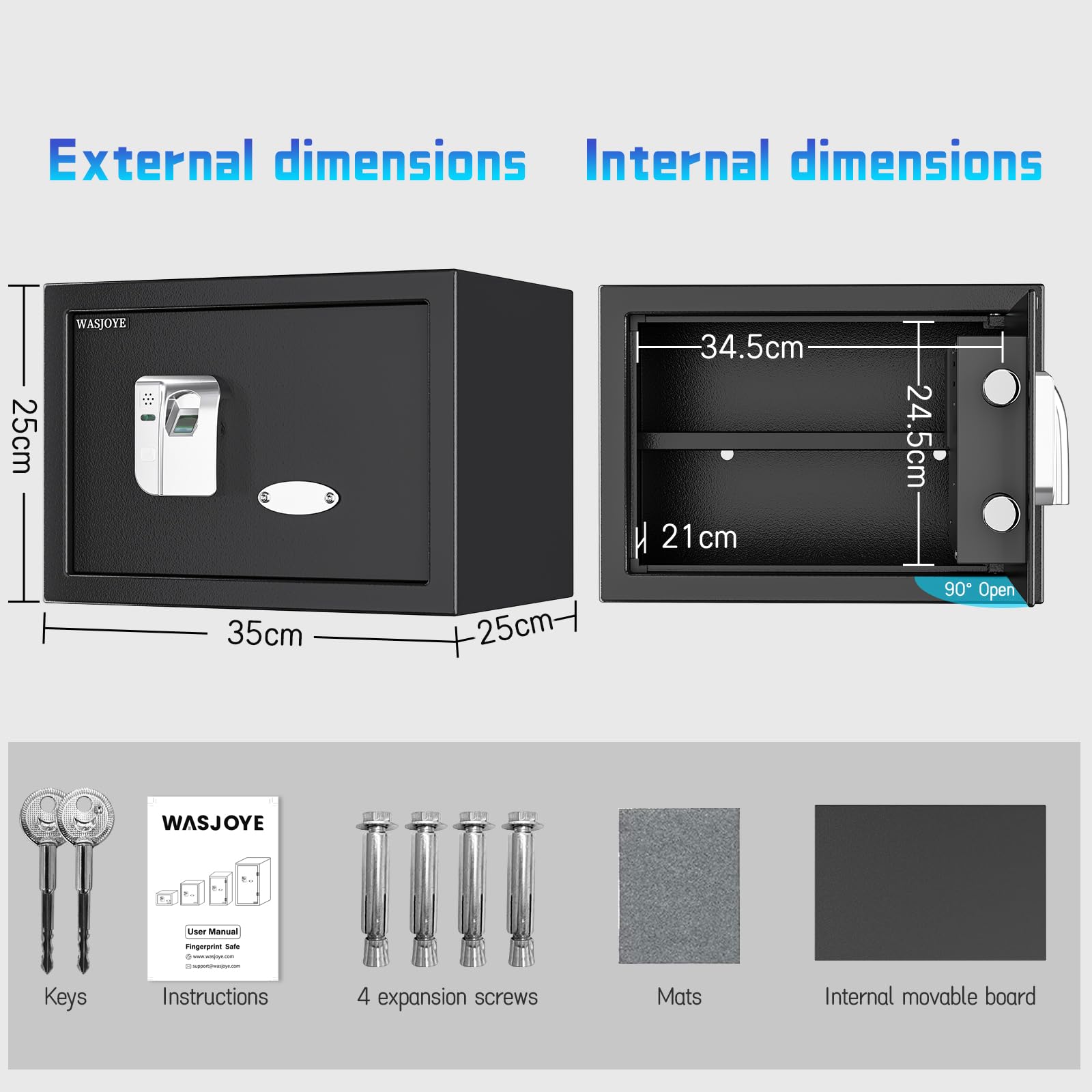 WASJOYE 25L Caja Fuerte para Huellas Dactilares, Biométrico Caja Fuerti Convencionale para el Hogar con Llaves, Electrónica Automática con Identificación de Dedos para la Oficina Hotel
