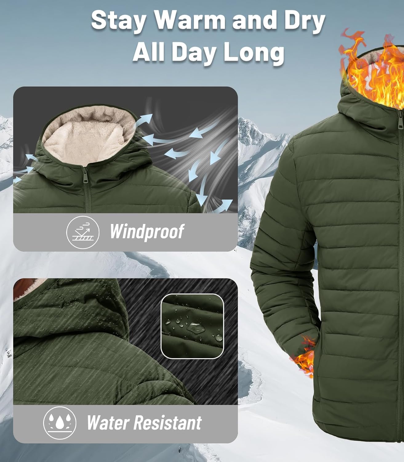 MAGNIVIT Men's Puffer Jacket with Hood Water Resistant Windproof Fleece Sherpa Lined Winter Coat Insulated Down Jackets - Image 4