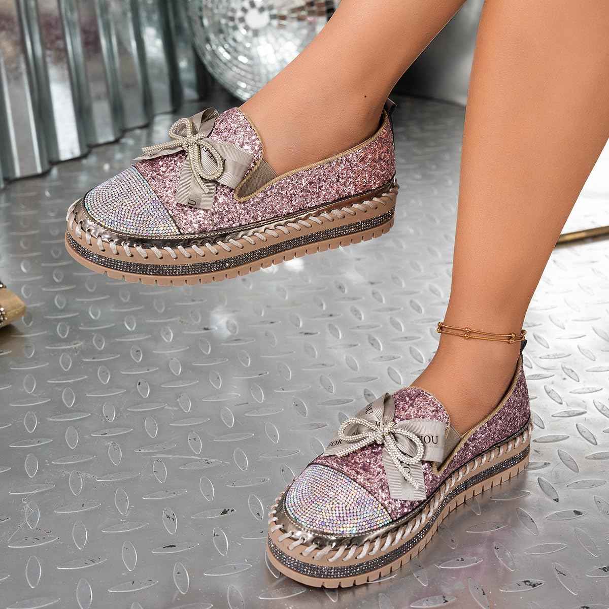 Zapatos deportivos de plataforma con lazo y diamantes de imitación para