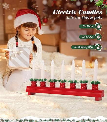 Miniatura 3 de Lewondr Candelabro eléctrico de Navidad con 7 velas cónicas sin llama, luz de puente de vela de madera alimentada por USB para decoración de ventana