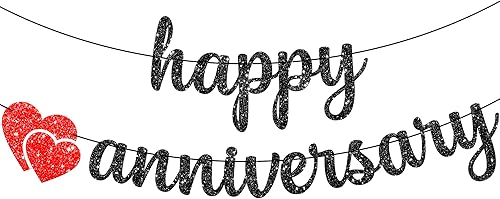 KatchOn, Cartel de feliz aniversario negro con purpurina, 10 pies, sin bricolaje, decoraciones de aniversario de boda, decoraciones de aniversario