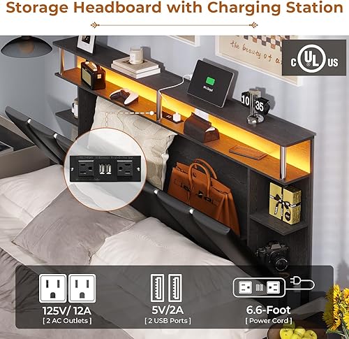 Miniatura 5 de Base de cama LED de tamaño matrimonial con cabecera de almacenamiento, plataforma completa con estación de carga, cabecera tapizada y estante de