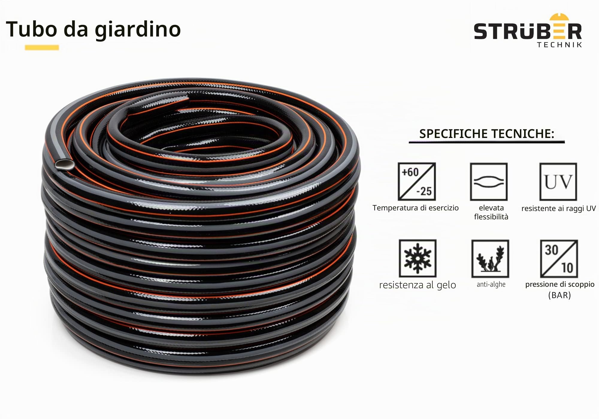STRÜBER Tubo da giardino a 4 strati (3/4" pollice/Lunghezza 50 m) Tubo a Croce CARBON - Resistente al calpestio e all'abrasione, elastico, flessibile, resistente ai raggi UV