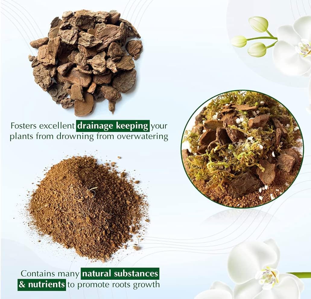 DUSPRO 6 Quarts Big Size Orchid Potting Mix with Forest Moss, Pine Bark Mulch, Perlite Stone & Coco Peat Mixture for Repotting Orchid Medium Sphagnum Soil Bulk for Root Growing