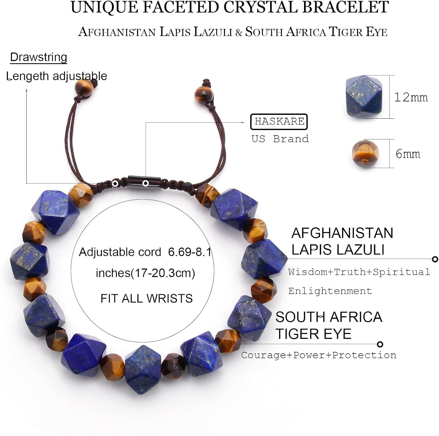 HASKARE Unique Gift Crystal Beads Bracelet for Men, Natural Crystal Lapis Lazuli Tiger Eye Bracelet Premium Handmade, Masculine Drawstring Men Beads Jewelry Energy Protection Stone Stuffers for Him