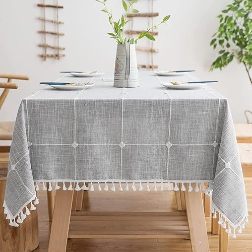 Mantel de Mesa de Lino Tela Impermeable Estilo Granja Rústico Boho Gris a Cuadros con Borlas Oblongo para Fiestas, Vacaciones, Campamento, Picnic,