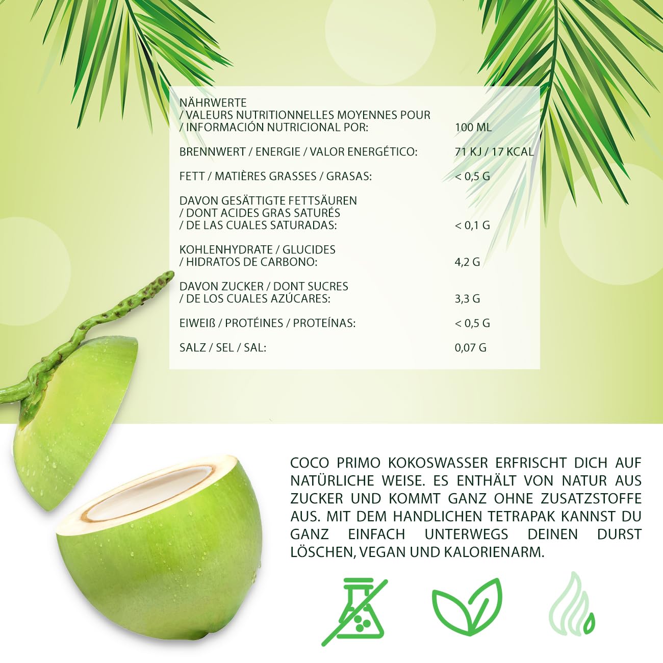 Coco Primo Kokosnusswasser, pur, erfrischendes Sportgetränk, wohltuender Durstlöscher, klein und handlich, kalorienarm, vegan, 12 x 330 ml